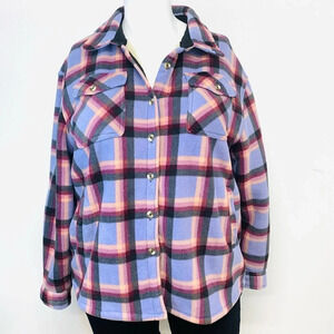 Sage Collective Fleece Shirt Jacket XXL Woman Sherpa Shacket Purple Plaid Pocket